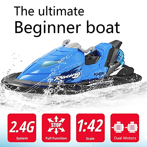 IOKUKI RC Boats for Kids & Adults, Remote Control Boat for Pools & Lakes with Rechargeable Toy Boat Battery/Dual Motors/Charger Cable & Low Power Prompt Motor Boat - Blue