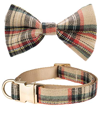 Scottish Tartan Bowtie Dog Collar with Detachable Bow Tie - Beige Plaid Dog Collar With Bowtie For Dogs And Puppies - Bowtie Dog Collar With Checkered Pattern - Cute Dog Collar with Sliding Bow Large
