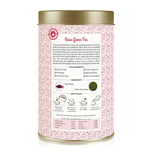 Image of Nature's Park Rose Green Tea - 125g - For Glowing Skin, Hair, Stress Relieving, Good Sleep, Antioxidants Rich - Made with 100% Whole Leaf & Natural Petals - Herbal Wellness Tea - Refreshing & Aromatic