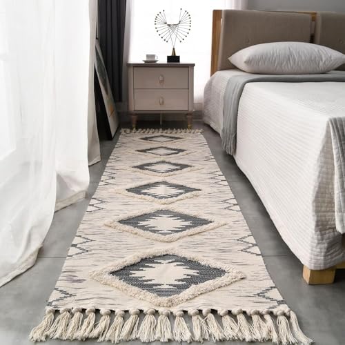 Image of Hand Woven 100% Natural Cotton Export Quality Designer Rug,Carpet, Bed Side Runner for Bedroom,Living Room, Size-2x5 feet or 60 cms x 152 cms (Black Tuft)