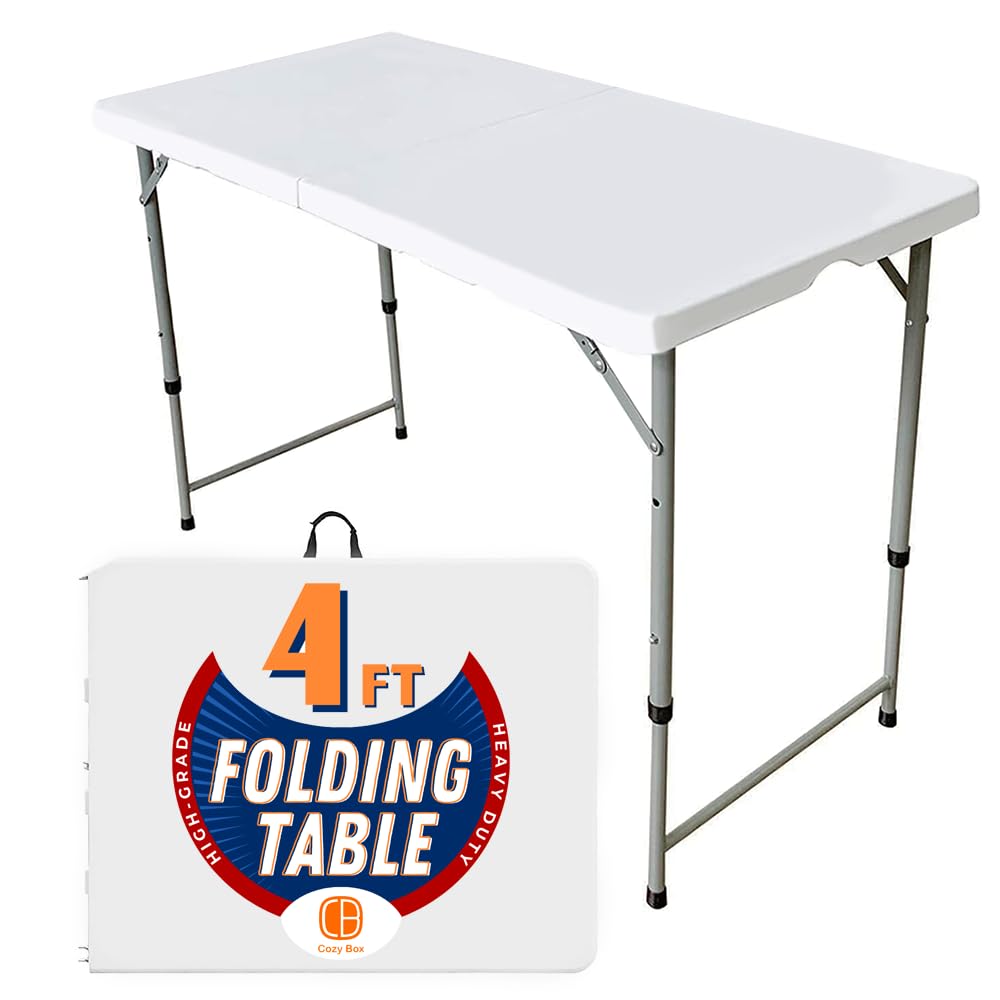 Folding Table Indoor Outdoor Heavy Duty Portable Folding Plastic Dining Table w/Handle, Lock for Picnic, Party, Camping - White (4ft, 6ft, 8ft) (4ft)