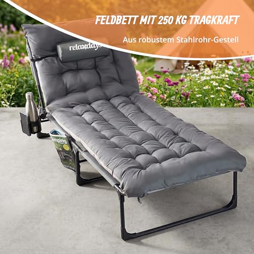 Relaxdays Campingbett klappbar, Matratze, Nackenkissen, Handyhalter, bis 250 kg, HBT: 26x190x72 cm, Feldbett, grau