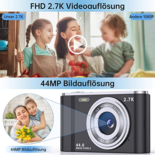 2-in-1 Digitalkamera 2.7K FHD, 44 MP Kompaktkamera Mini Video Fotokamera mit 16X Digitalzoom, 2.8 Zoll LCD Bildschirm… – Bild 3