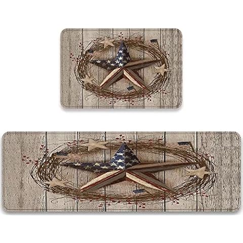 Kitchen Rugs Sets 2 Pieces Country Primitive Barn Star Patriotic on Wooden Board Americana Anti Fatigue Floor Mat Washable Doormat Non-Slip Area Runner Rugs and Mats for Kitchen,Laundry,Bathroom Cover