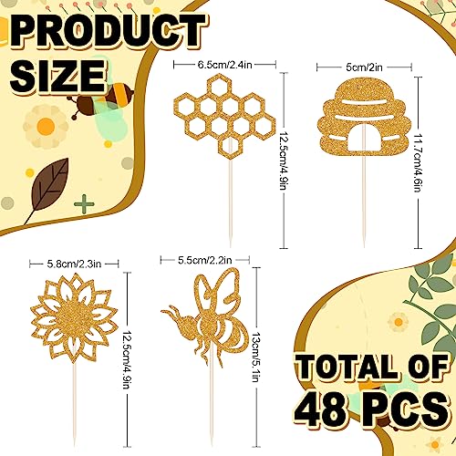Whaline 48Pcs Bee Cupcake Toppers Bee Toothpicks Glitter Bumble Bee Sunflower Cupcake Picks Honeycomb Shape Food Sticks For World Bee Day Spring Summer Party Cake Decorations Supplies, 6 Design #TOP1