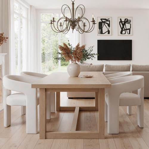 Image of HNY Modern Barrel Kitchen & Dining Room Chairs Set of 3, Linen Upholstered Accent Chairs with Arm, 18.5'' Wide Side Armchair Vanity Chairs for Living Room Bedroom Makeup Small Spaces, Ivory
