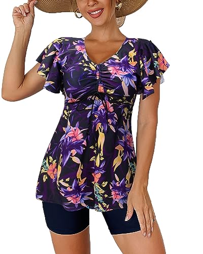 Fanuerg Women's Tankini Swimsuits Ruffled Flowy Tankini Tops with Boy Shorts Swimwear Tummy Control Two Piece Bathing Suits