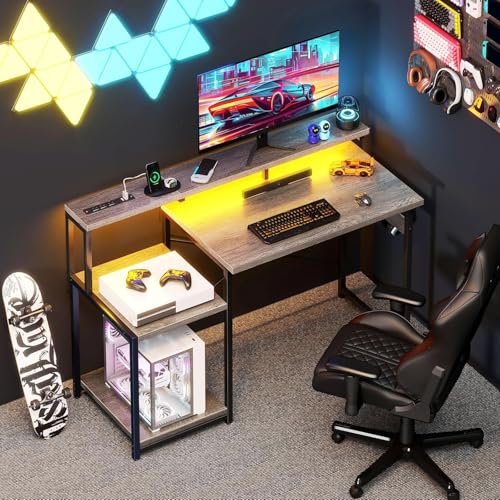 Image of AODK Computer Desk, 48 Inch Gaming Desk with Led Lights & Power Outlet, Office Desk with Storage Shelves, Reversible Desk with Monitor Shelf & Headphone Hook, Grey Oak