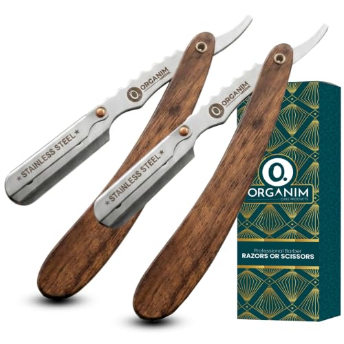 Image of ORGANIM Professional Wood Ustra for Men - Stainless Steel Straight Razor Salon for Barber Shaving - Saloon Style Manual Shave Ustra with Premium Wooden Handle - Beard Shaping & Lining (round wooden set of 2)