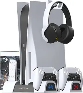ElecGear PS5縦置きスタンドおよび冷却ファン、DualSenseワイヤレスコントローラー充電器ドック、プレイステーションPlayStation 5およびデジタル・エディション(CFI-1000A01 / CFI-1000B01)用のゲームストレージブラケット収納メディアリモコン、PULSE 3Dヘッドセットホルダー