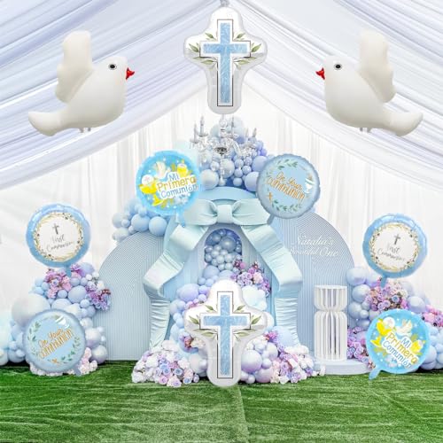 10Pcs First Communion Party Decorations Balloons, Baptism Party Foil Balloons for Toddler First Communion God Bless Christening Memorial Theme Birthday Baptism Party Decorations Supplies (Blue)
