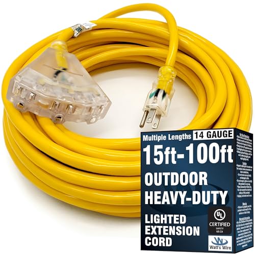 50 ft Outdoor Extension Cord Waterproof - 14 Gauge Heavy Duty Extension Cord Splitter - Lighted Outdoor Extension Cords with Multiple Outlets - Watts Wire - 50' Grounded - extensiones electricas