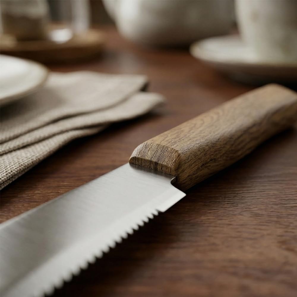 Coltello da tavola set 12 manico effetto legno lama acciaio inox seghettata per bar pub ristoranti tavola casa-beige