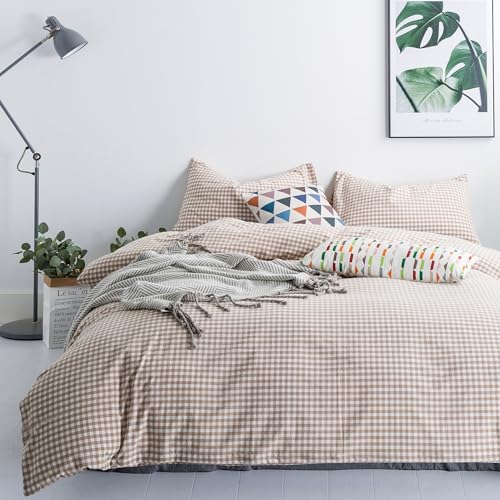 Susybao SZJRQC2017041079CA Tan Gingham Duvet Cover King 100% Washed Cotton Beige Plaid Duvet Cover Set 3 Pieces 1 Checkered Grid Duvet Cover thumb #1