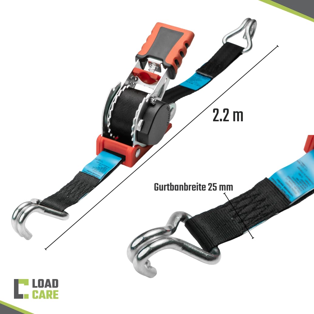 Cinghia di ancoraggio automatica a cricchetto 2,2 m 25 mm gancio a punta 002 LC 125 daN STF 27 daN DIN EN 12195-2 cinghia di avvolgimento nero