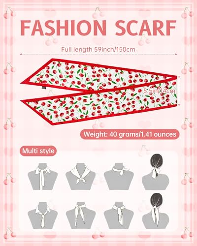 Mesovor Cherry Head Scarf Hair Neck Scarves for Women, Fashion Purse Bag Scarfs | Long Thin Satin Headscarf Headbands2