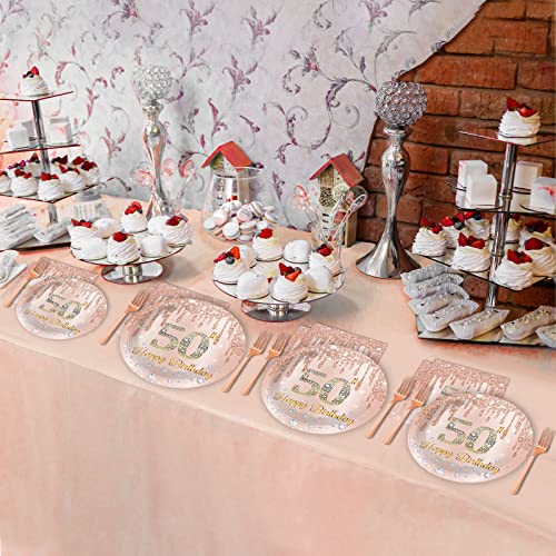Image of 96 Pieces 50th Birthday Tableware Set for Pink Rose Gold 50th Birthday Table Decorations Supplies Pink Rose Gold Happy 50 Years Old Dessert Paper Plates Napkins Forks for 24 Guests Women Supplies