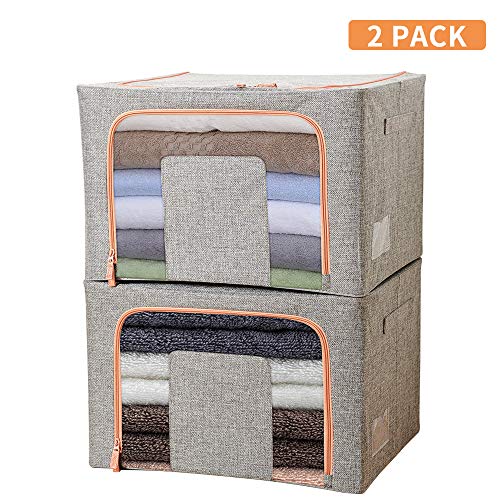 UFREE Bolsas de almacenamiento para ropa con cremalleras, tela gruesa para edredones, mantas, ropa de cama, plegable, organizador de armario con ventana transparente, 2 unidades, color gris