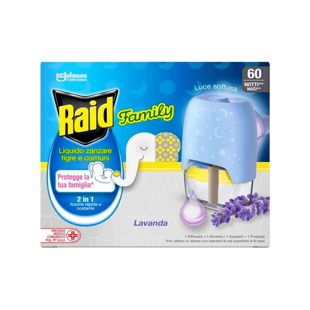Raid® Elettrico liquido Family Lavanda 30 notti - Presa anti-zanzare comune e tigre 2 in 1, uccide e spaventa. Apparecchio + Ricambio Fragranza Lavanda