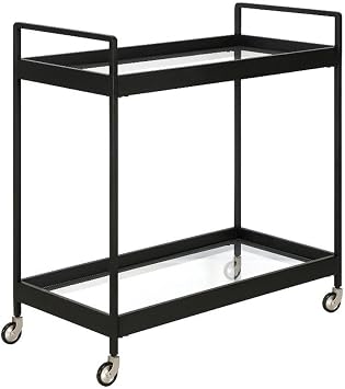 Cooper 33 Wide Rectangular Bar Cart in Blackened Bronze | Two glass shelves with raised edges provide ample space for serving drinks displaying decor or organizing everyday essentials