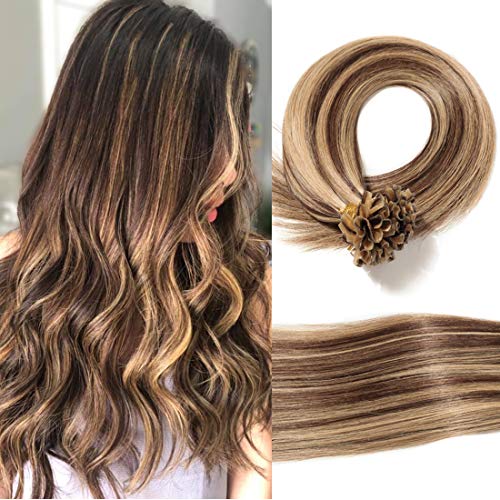 S-noilite U Tip Remy Human Hair Extensions Pre Bonded Nail Tipped Hair Piece Italian Keratin U Tip Fusion Extensions Silky Straight 100 Strands 22 Inch-50g (#4P27 Medium Brown&Dark Blonde)