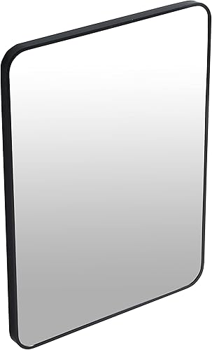 Miniatura 6 de Espejo de montaje en pared para baño, marco de metal negro, esquina redondeada, espejo de tocador de baño, espejo colgante decorativo, para sala de