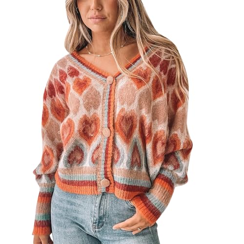Women's Cute Sweater Cardigan Heart Print Y2K Button Open Front Cardigans V Neck Cropped Knitted Outerwear