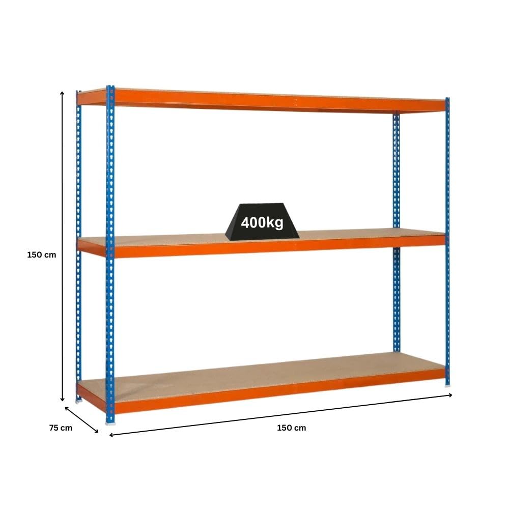 PROREGAL Schwerlastregal MID Wood YETI Three | HxBxT 150x150x75cm | Fachlast 400kg | Blau-Orange | Regal Standregal Werkstattregal Lagerregal Kellerregal