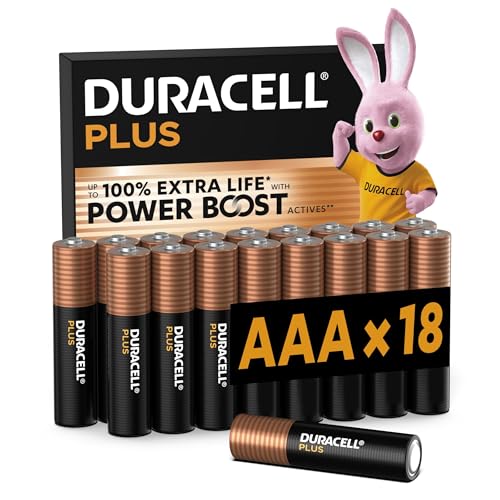 DURACELL Plus Pilas AAA (Paquete de 18) – Pilas alcalinas 1,5 V–Hasta un 150 % de duración extra con activos POWER BOOST–Fiabilidad para dispositivos cotidianos–Envase con 0 % de plástico–MN2400