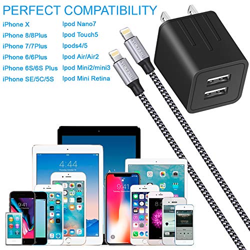 iPhone Charger YOKERSU Nylon Braided Lightning Cable Fast Charging 2Pack 6FT Data Sync Transfer Cord wi   th Port Plug Wall Charger(ETL Listed)Compatible with iPhone XS Max/XS/XR/X/8/7/6S/6/Plus/SE/iPad