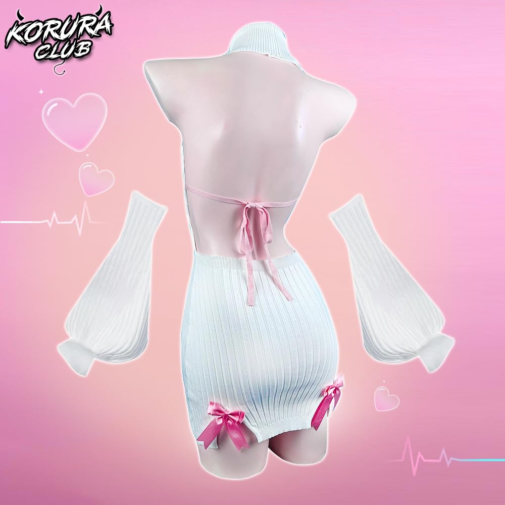 KORURACLUB Bow Sweater Costume（3-PIECE SET） premium sweater cosplay lingerie Bow Sweater succubus lingerie: White Small/Medium