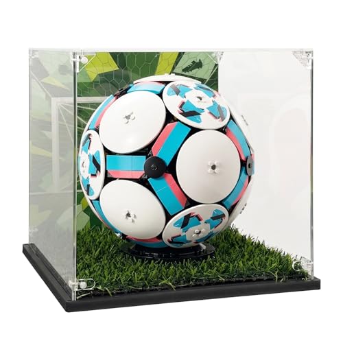 Image of Acrylic Display Case Compatible with LEGO Editions Soccer Ball, 10.5 inch Clear Display Box with Soccer-Themed Background & Artificial Turf, Dust-Resistant Acrylic Showcase for Soccer Ball