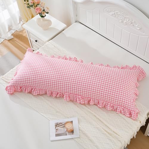 Pink/White Gingham Body Pillow Sham 20x54 inches, 100% Washed Cotton Ruffled Vintage Pillowcase Farmhouse Body Pillow Cover for Bed/Sofa