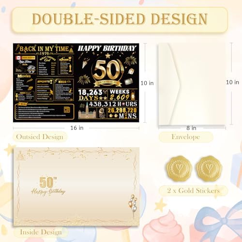 Awfrky 50th Birthday Card for Women Men, Gilding 50th Birthday Decorations for Mother Dad, Happy 50 Year Old Birthday Gifts for Husband Wife Friend Him Her Mom, Jumbo Back in 1976 with Envelope - 3
