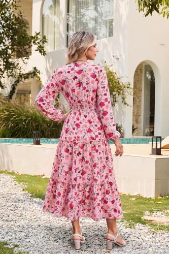Image of GRACE KARIN Women's Floral Maxi Dress 2026 Fall Long Sleeve V Neck Empire Waist A Line Flowy Dress with Pocket