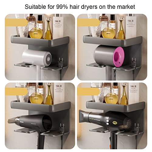 Hosoncovy 2 Tier Hair Dryer Wall Mount Holder Hair Dryer Wall Hanger Toiletries Wall Storage Toiletries Wall Shelf for Dyson Supersonic Hair Dryer,Universal for Hair Dryer (Grey) - Image 3