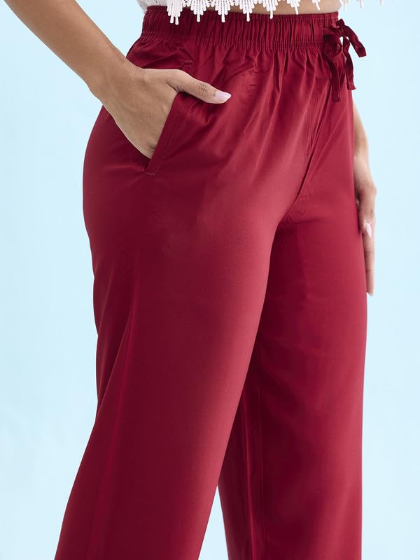 Image of GO COLORS Women Solid Mid Rise Relaxed Fit Viscose Casual Pants