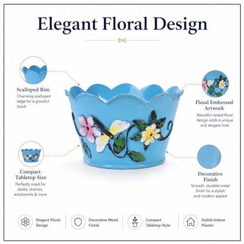 Image of Go Hooked Metal Flower Pot Planter (Pack of 3, 6 Inch) | Decorative Blue Indoor Outdoor Plant Pot with Floral Embossed Design | Round Planter for Home Balcony Garden Decor