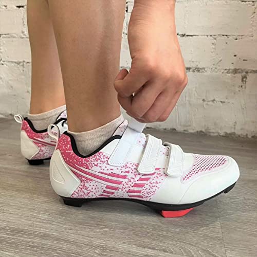 Image of Women Cycling Shoes Bike Riding Shoes 3 Straps Pre-Installed Delta Cleats for Indoor Outdoor Biking Size 4.5 White Pink