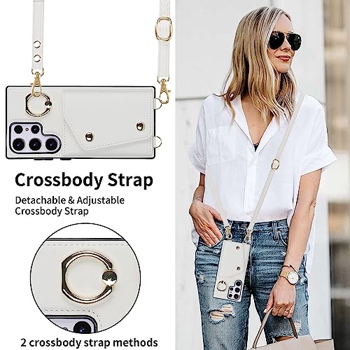 UEEBAI Crossbody Wallet Case for Samsung Galaxy S23 Ultra 5G, Card Slot Phone Case with Zipper Pocket Kickstand Purse Hand Strap Cover with Removable Crossbody Wrist Strap Flip Case - White