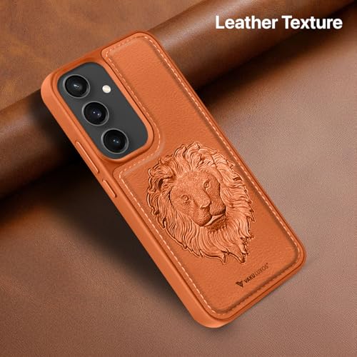 Image of Vaku Luxos Lion Embossed Back Cover Case for Samsung Galaxy S24 FE 5G Premium Leather Stitched Soft Shockproof Protective TPU Phone Case Camera Screen Protector- Brown