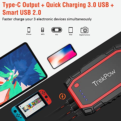 TrekPow A18 800A Peak Portable Car Jump Starter with USB Quick Charge 3.0 (up to 6.0L Gas, 5.0L Diesel Engine), SuperSafe Battery Jumper Pack with Smart Jumper Cables, Type-C Input&Output, Flashlight