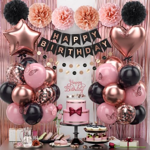 Rose Gold Black Birthday Party Decorations 12INCH Black Pink Rose Confetti Balloon Happy Birthday Banner Cake Topper Fringe Curtain Paper Pom Poms Butterfly Sticker 18INCH Heart Star Foil Girls Women