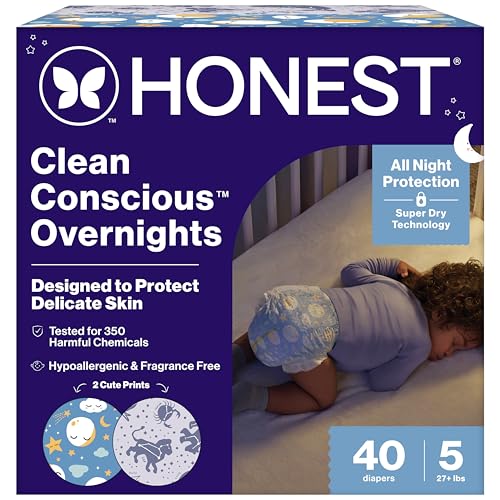 The Honest Company Comfort Dry Disposable Overnight Diapers for Sensitive Skin, Hypoallergenic, Baby Cozy Cloud and Star Signs Design Club Box Size 5 (27 lbs) 40 Count