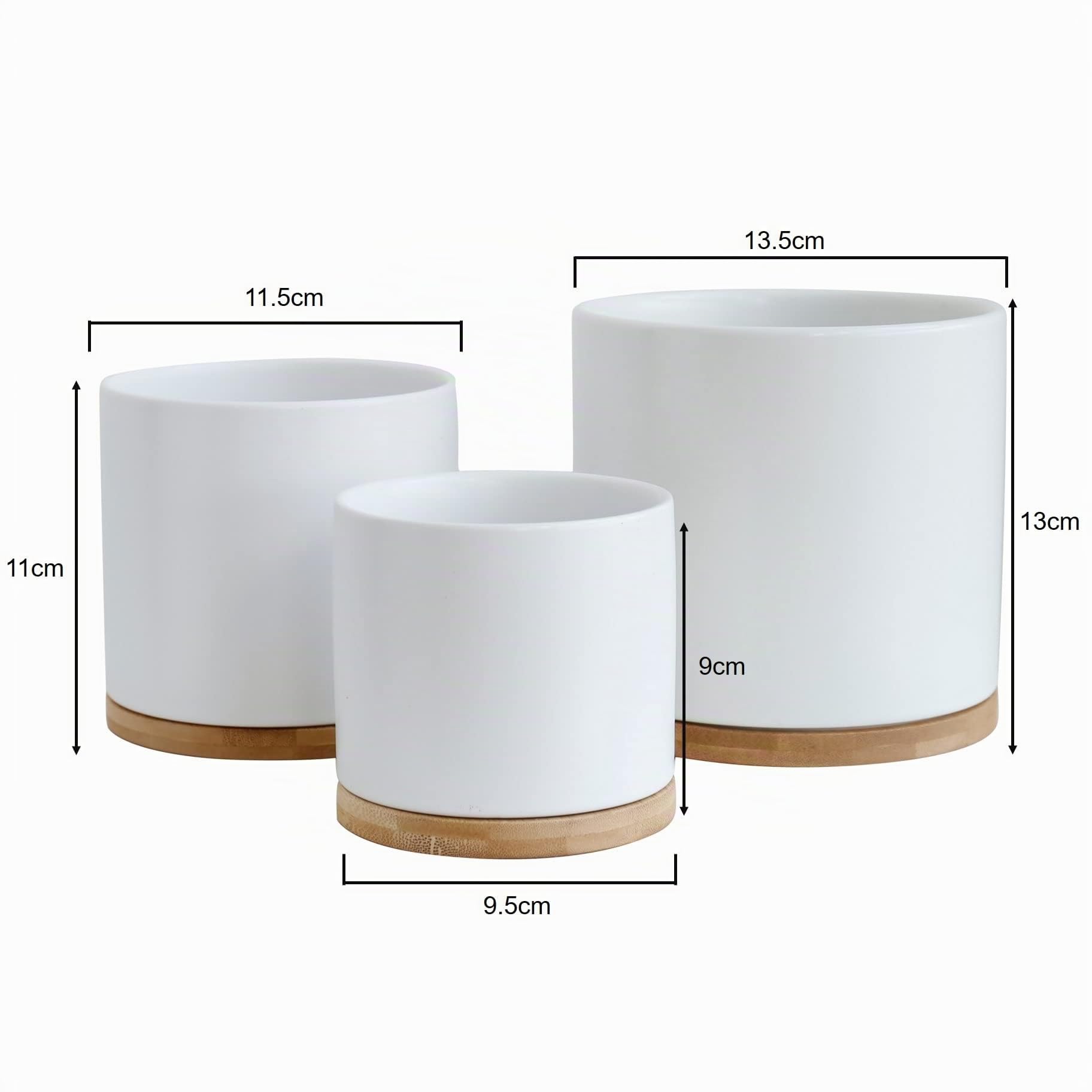 Olly & Rose Set di 3 vasi per piante in ceramica con sottobicchieri in bambù per interni, vasi bianchi in ceramica per fiori, contenitori per esterni grandi, medi, piccoli con piattini (bianco)