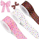 JarThenaAMCS 3 Rolls Candy Sprinkle Grosgrain Ribbon Donuts Ribbon for Wreath Bow Craft Gift Wrap Party Decor, 15 Yards, (White, Pink, Brown)