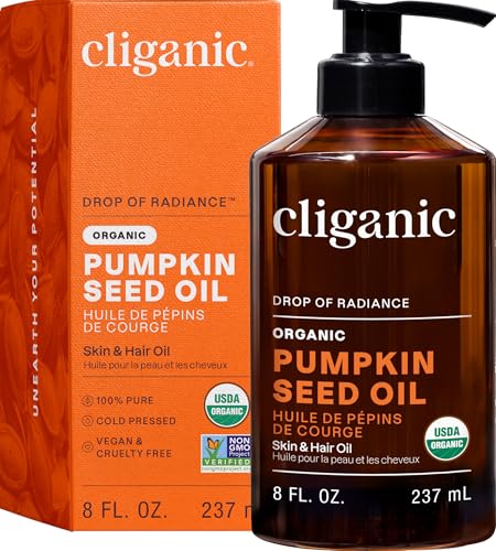 Cliganic Organic Pumpkin Seed Oil, 100% Pure - For Face & Hair | Natural Cold Pressed Unrefined (Packaging May Vary)