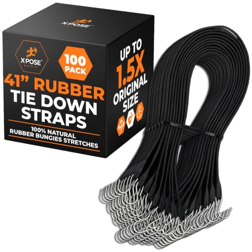 Image of Rubber Bungee Cords with Hooks 100 Pack 41 Inch (62 inch Max Stretch) Heavy-Duty Black Tie Down Straps for Outdoor, Tarp Covers, Canvas Canopies, Motorcycle, and Cargo - by Xpose Safety