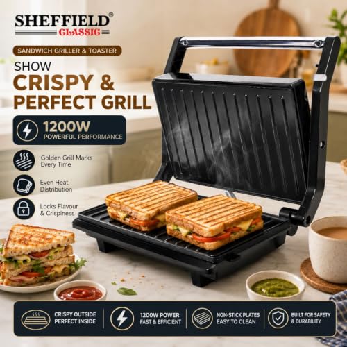 Image of SHEFFIELD CLASSIC 1200W Sandwich Griller & Toaster | 180 Open Flat Contact Grill with Fixed Non-Stick Plates, Adjustable Height Control & Automatic LED Indicators (White)
