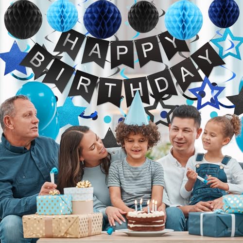 Image of meowtastic Birthday Decorations Happy Birthday Banner with Honeycomb Balls | 16pcs Birthday Set: 1 Banner+6 Honeycomb Balls+8 Star Spirals+1 Circle Dots, Happy Birthday Decor - Black and Blue